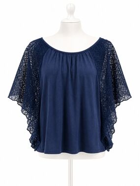 Women's Navy Lace Sleeve Scoop Neck Top - Large